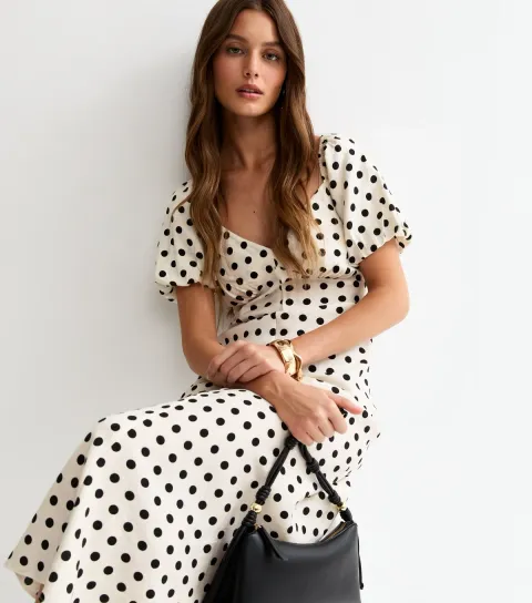 Women's Cream Polka Dot Puff Sleeve Midi Dress
