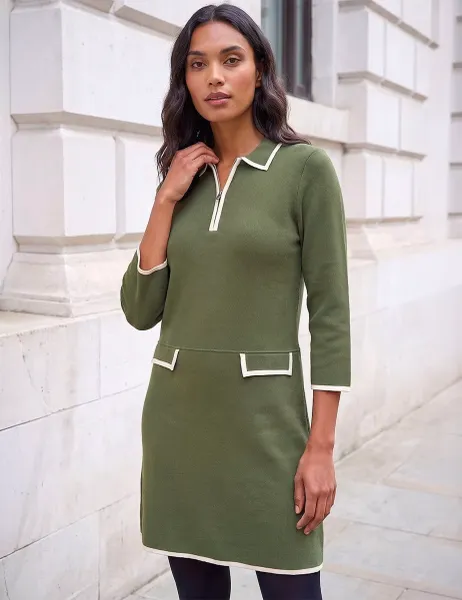 Roman Collared Zip Up Knee Length Dress Khaki