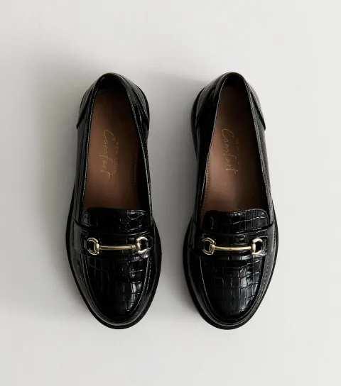 Women's Wide Fit Black Faux Leather Platform Croc Loafer