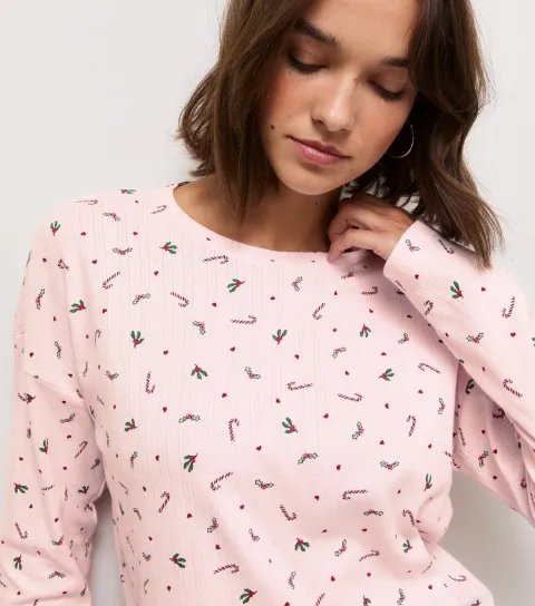 New Look Women's Pink Cotton Pointelle Candy Cane Print Long Sleeve Top