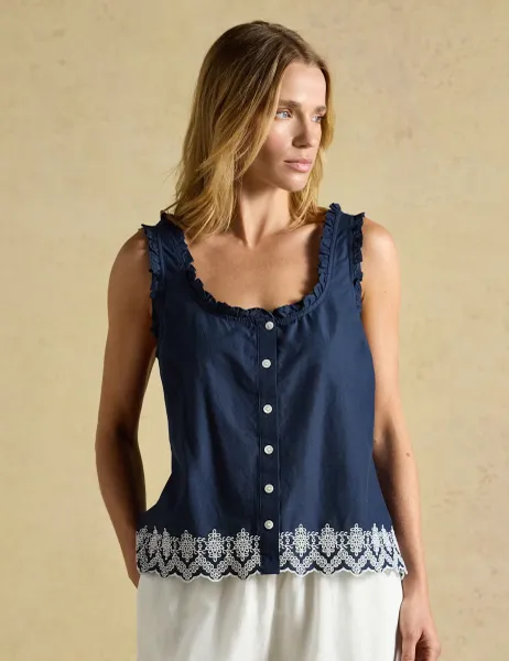 Joules Pure Cotton Broderie Detail Vest Navy Mix
