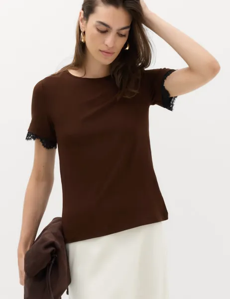 Marks & Spencer Short Sleeve Lace Trim T-Shirt Chocolate