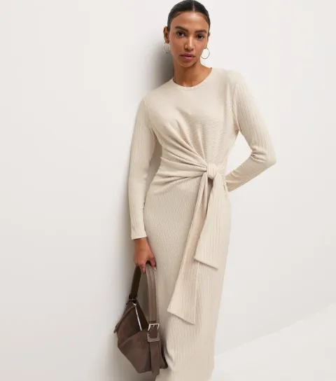 New Look Women's Oatmeal Ribbed Tie Front Long Sleeve Midi Dress