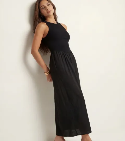Women's Black Ribbed Poplin Midi Dress