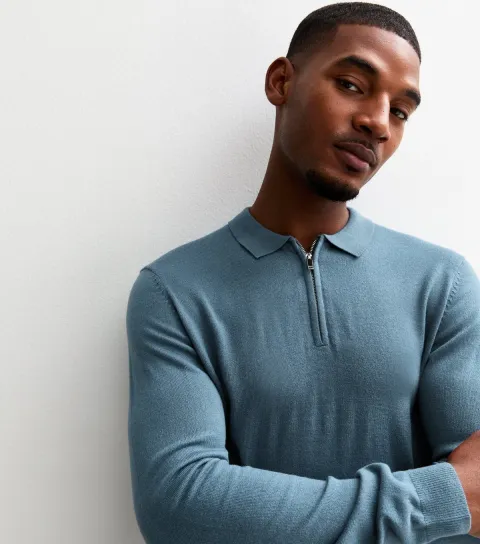 Men's Blue Regular Fit Quarter Zip Knitted Polo Shirt