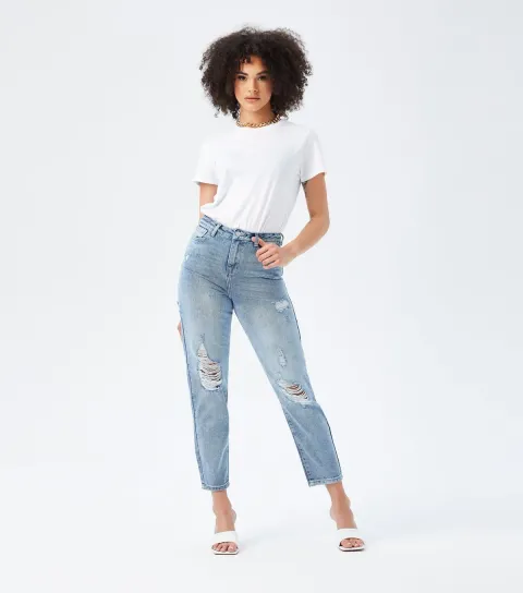 Women's Blue Ripped Mom Jeans