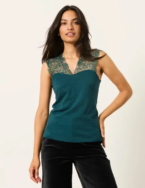 FatFace Pure Cotton V-Neck Lace Detail Top Teal