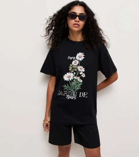 Women's Black Cotton Daisy Print Oversized T-Shirt