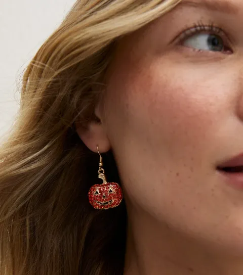 New Look Orange Halloween Gem Embellished Pumpkin Drop Earrings