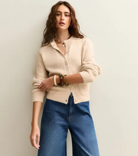 Women's Cream Double Pocket Textured Knit Cardigan