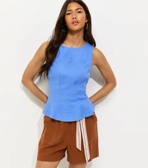 New Look Women's Blue Linen Blend Peplum Top