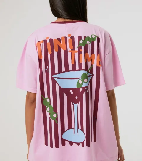 Skinnydip Women's Pink Cotton Tini Time Martini Print T-Shirt