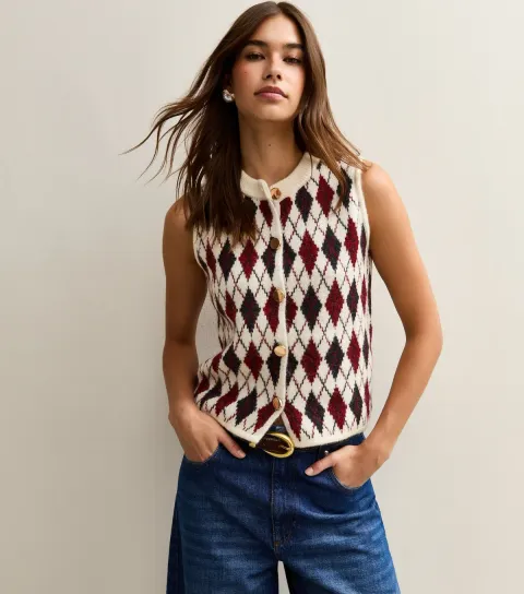 Women's Off-White Argyle Patterned Waistcoat