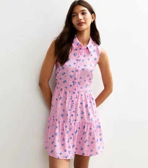 New Look Women's Pink Floral Print Button Up Tiered Mini Dress