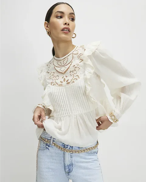 River Island Cotton Cutwork Ruffle Blouse