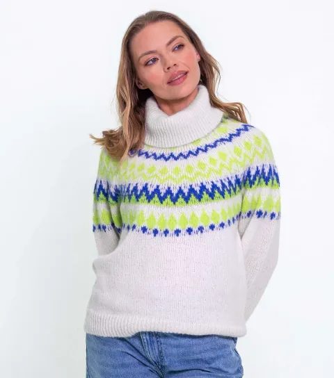 Sunshine Soul Women's White Fair Isle Knitted Roll Neck Jumper