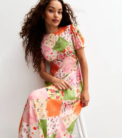 Women's Petite Orange Patchwork Print Midi Dress