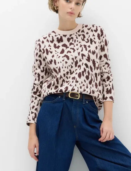 Marks & Spencer Animal Print Crew Neck Relaxed Jumper with Wool Cappuccino