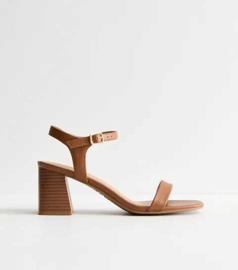 Women's Tan Brown Faux Leather Block Heel Sandals Vegan
