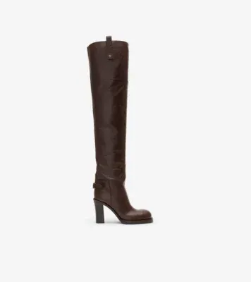 Leather Cavalier Thigh-high Heel Boots in Treacle brown