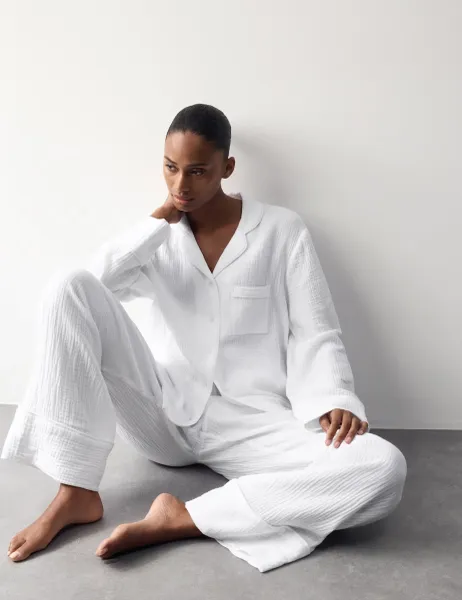 Autograph Pure Cotton Muslin Revere Pyjama Set White