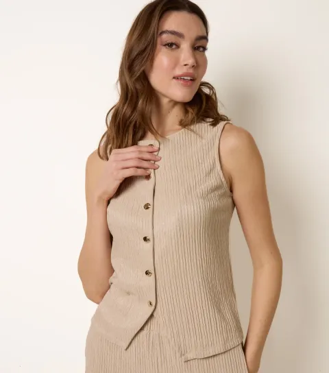 Women's Stone Ribbed Crew Neck Waistcoat