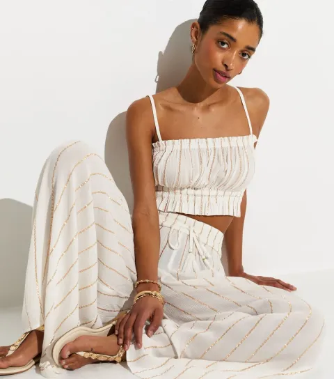 Women's White Metallic Striped Shirred Crop Top