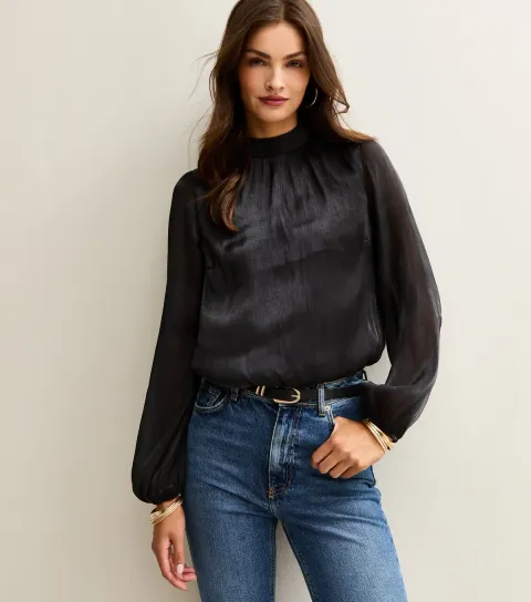 Women's Tall Black Bubble Hem Long Sleeve Blouse