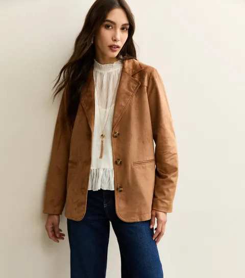 Women's Tan Faux Suede Button Up Jacket