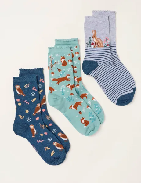 FatFace 3 Pack Cotton Rich Woodland Ankle High Socks Multi