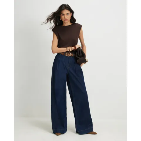 River Island High Waisted Pleat Belted Wide Leg Jeans