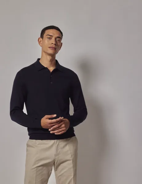 Hawes & Curtis Pure Wool Long Sleeve Polo Shirt Navy