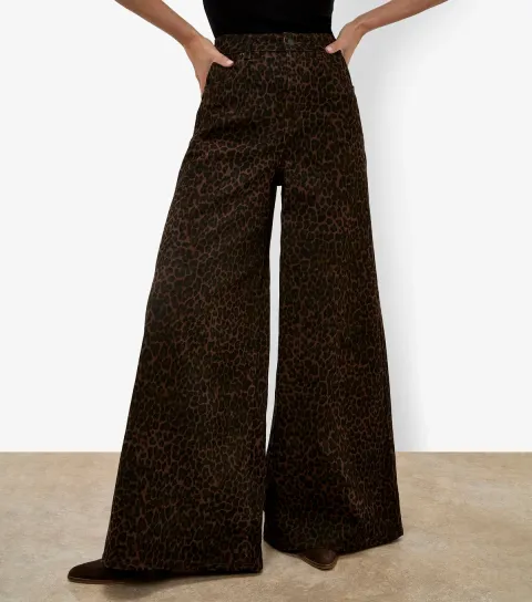 Women's Brown Leopard Print Wide Leg Jeans
