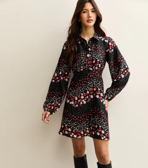 Women's Black Floral Long Sleeve Mini Shirt Dress