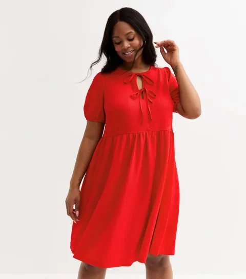 New Look Women's Plus Size Red Crinkled Texture Tie Front Mini Dress Curves