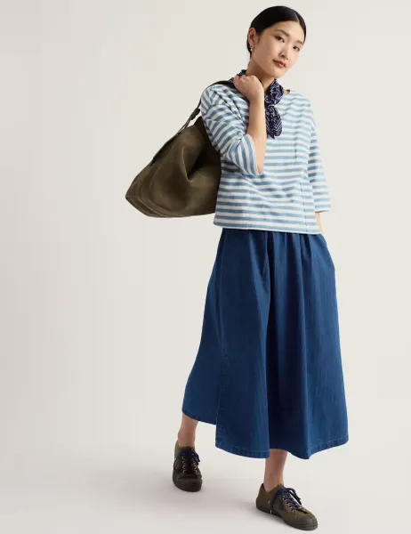 Pure Cotton Midi A-Line Skirt Blue
