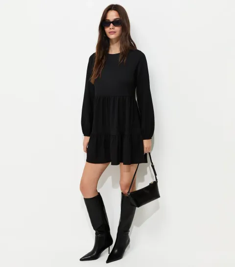 Women's Black Crinkled Long Sleeve Smock Mini Dress