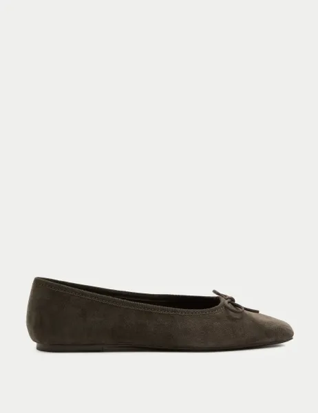 Marks & Spencer Suede Bow Square Toe Ballet Pumps Dark Grey