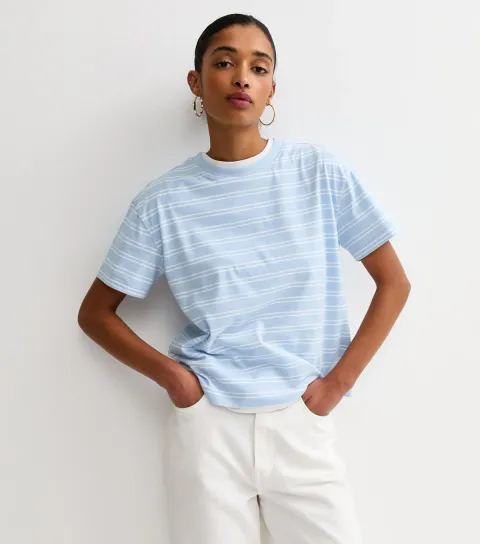 Women's Blue Cotton Striped Crew Neck T-Shirt