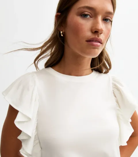 Women's White Ruffled Sleeve Jersey Top
