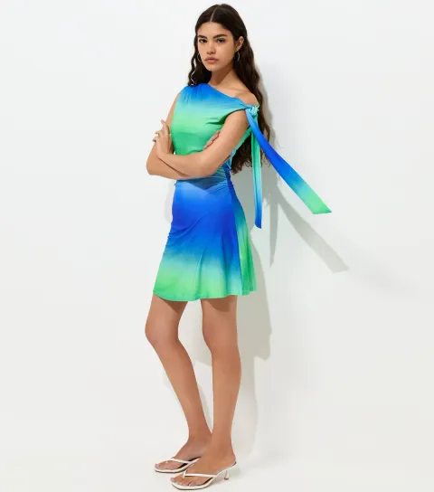 Women's Blue Ombre Fallen Shoulder Mini Dress