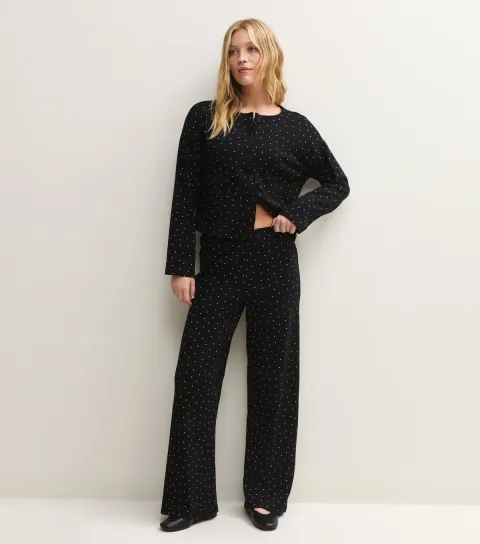 New Look Women's Black Cotton Rich Polka Dot Wide Leg Trousers