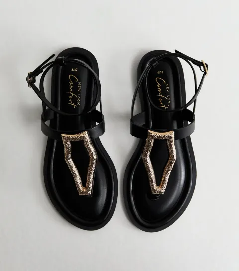 Women's Black Faux Leather Metal Detail Sandals Vegan