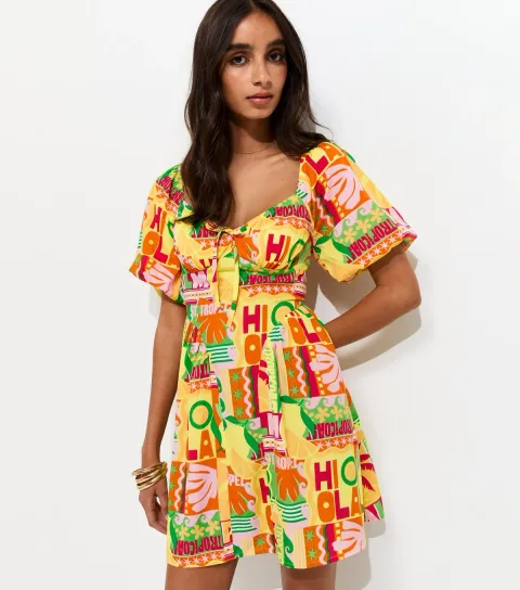 Women's Yellow St Tropez Print Puff Sleeve Mini Dress