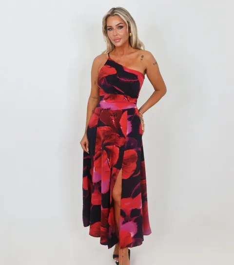 Women's Red Floral One Shoulder Midi Dress