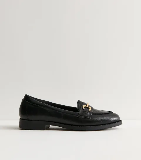 Women's Black Faux Leather Horsebit Detail Almond Toe Loafers Vegan
