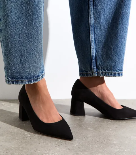 Women's Wide Fit Black Faux Suede Block Heel Court Shoes Vegan