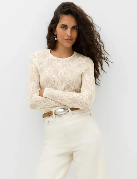 Marks & Spencer Lace Crew Neck Regular Fit Top Ivory