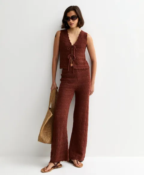 Women's Brown Cotton Rich Wave Stitchy Trousers