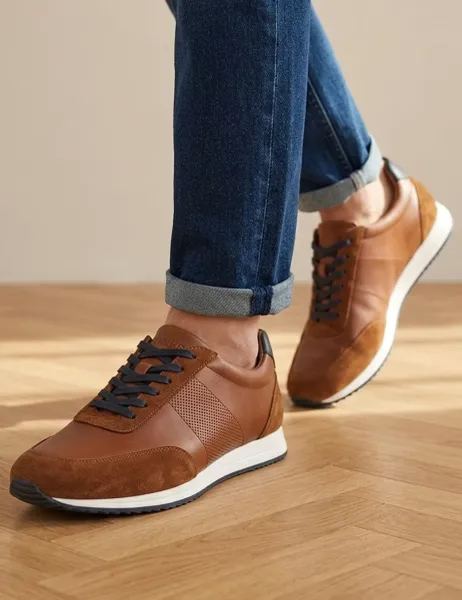 Wide Fit Leather Trainers Tan